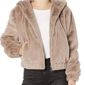 Bagatelle NYC faux fur cropped hooded jacket, taupe, size XS